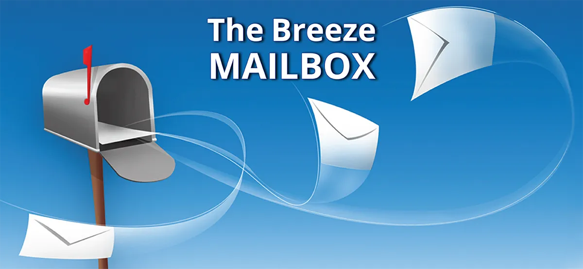 Three white envelopes blow in the wind in front of an open grey mailbox on the heading for Shootin' the Breeze Mailbox articles and letters to the editor.