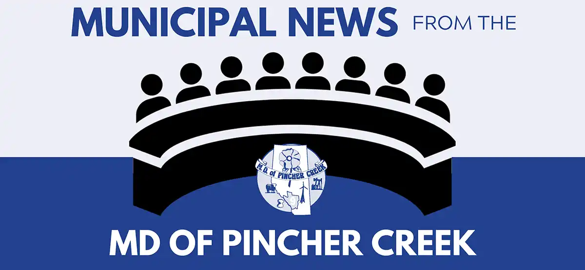 Graphic with the text "Municipal News from the" at the top and "MD of Pincher Creek" at the bottom, featuring a stylized image of people seated around a curved meeting table in the center.